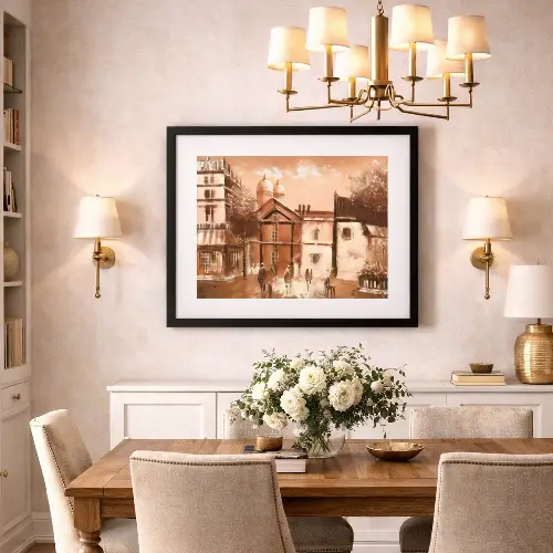 Traditional dining room with vintage art